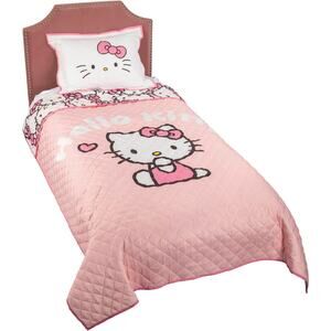 NEW Jay Franco Hello Kitty Pink Stripes & Hearts Twin Size Quilt & Sham Set